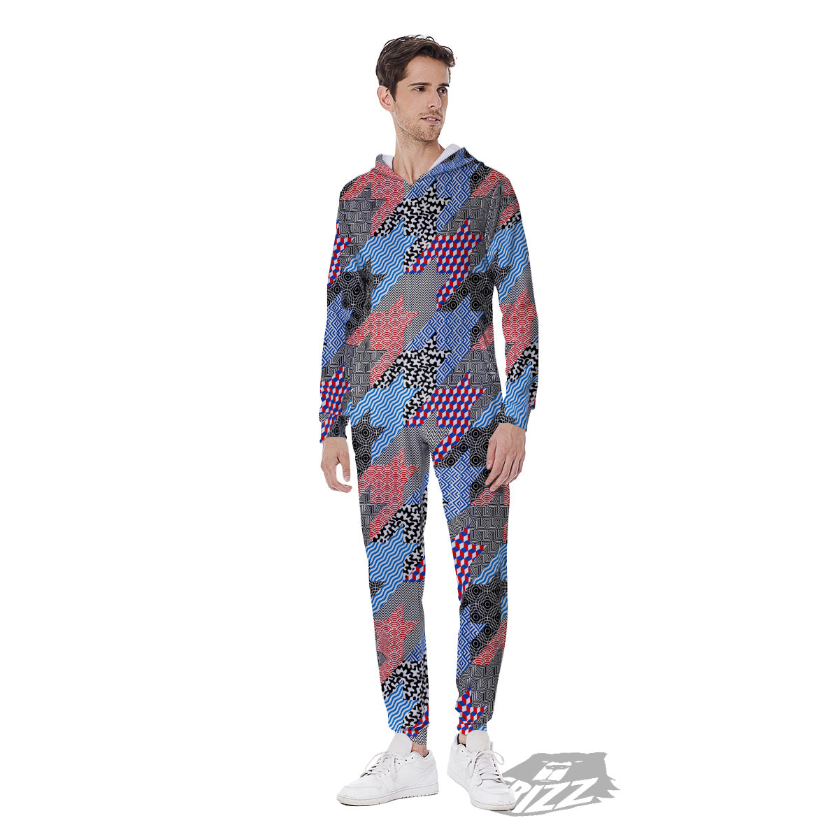 Patchwork Style And Classic Houndstooth Print Pattern Men's Jumpsuit-grizzshop