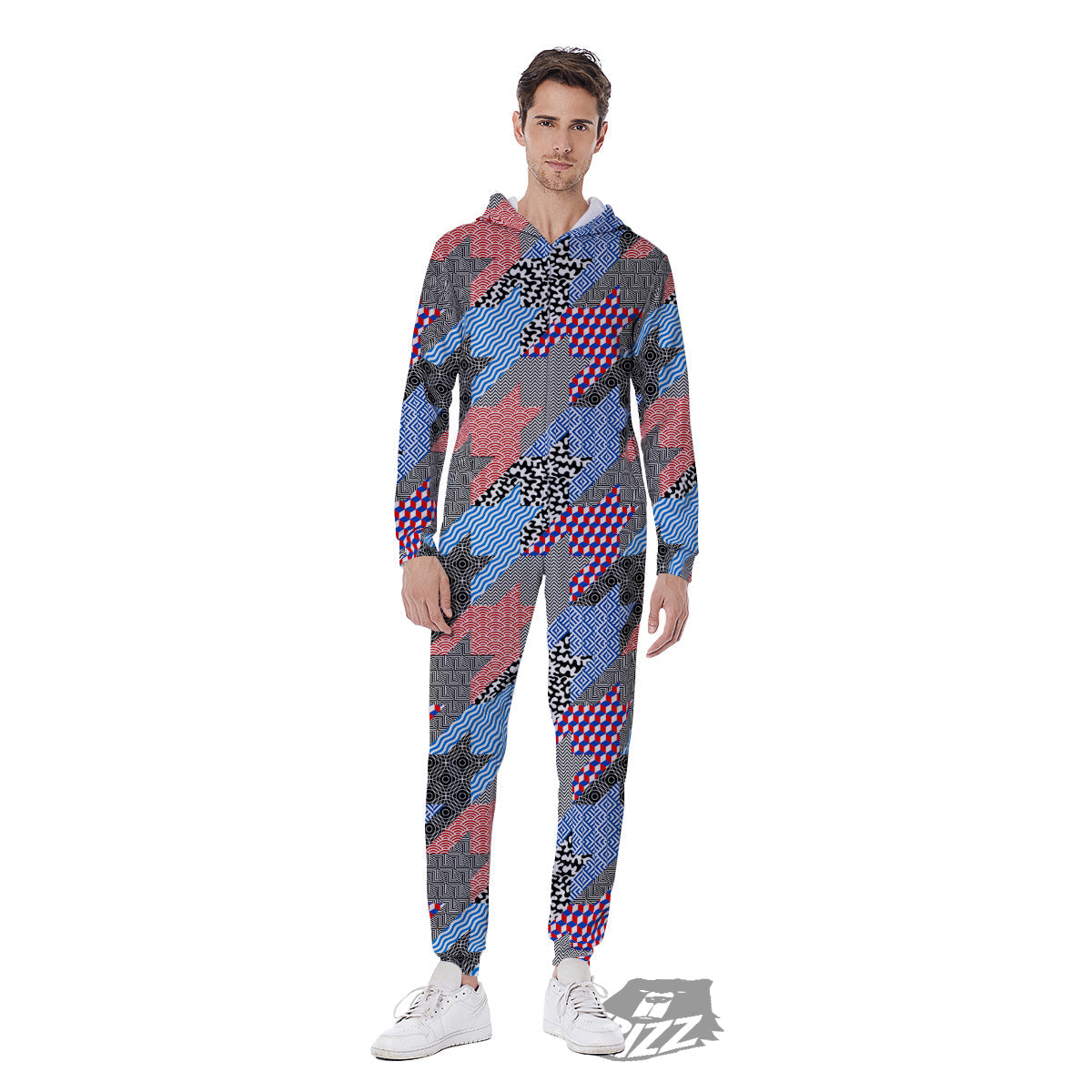 Patchwork Style And Classic Houndstooth Print Pattern Men's Jumpsuit-grizzshop