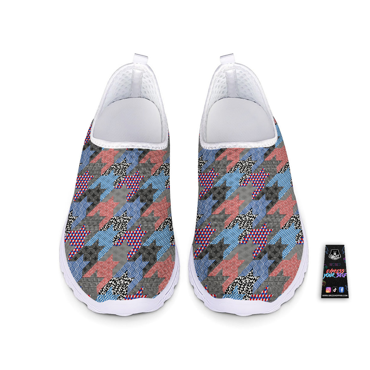 Patchwork Style And Classic Houndstooth Print Pattern Nurse Shoes-grizzshop