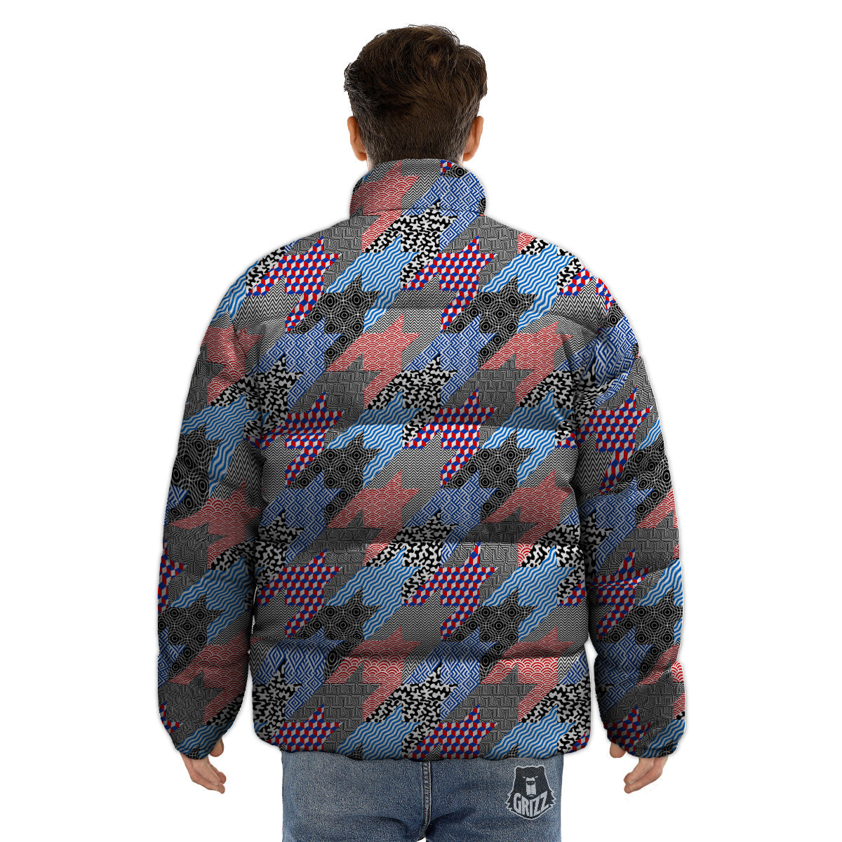 Patchwork Style And Classic Houndstooth Print Pattern Puffer Jacket-grizzshop