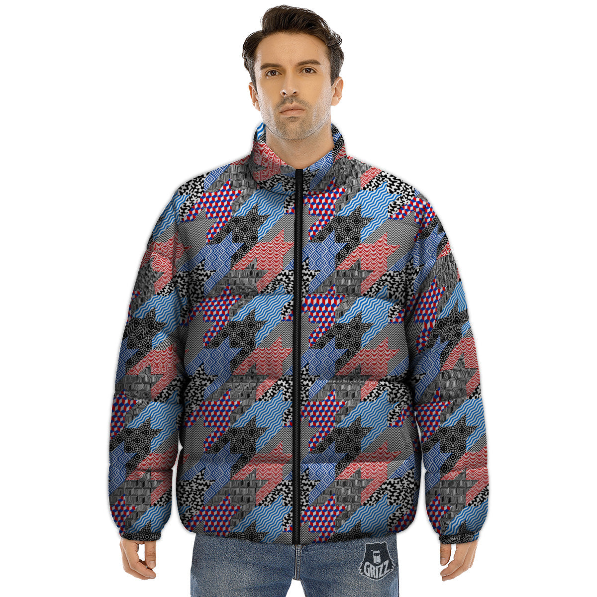 Patchwork Style And Classic Houndstooth Print Pattern Puffer Jacket-grizzshop
