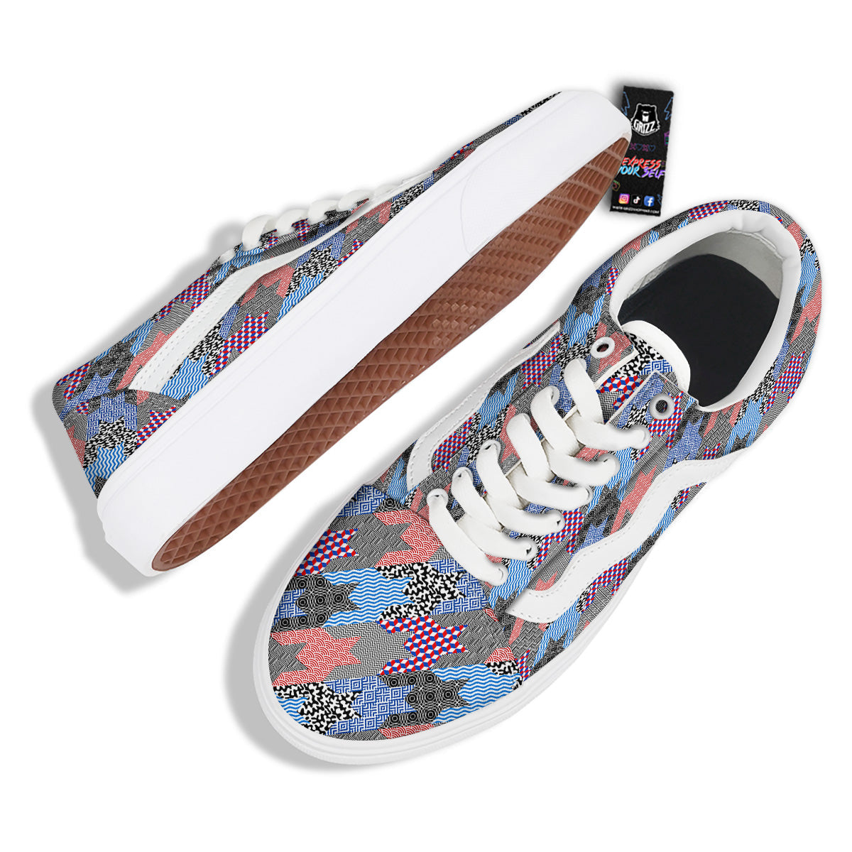 Patchwork Style And Classic Houndstooth Print Pattern Skate Shoes-grizzshop