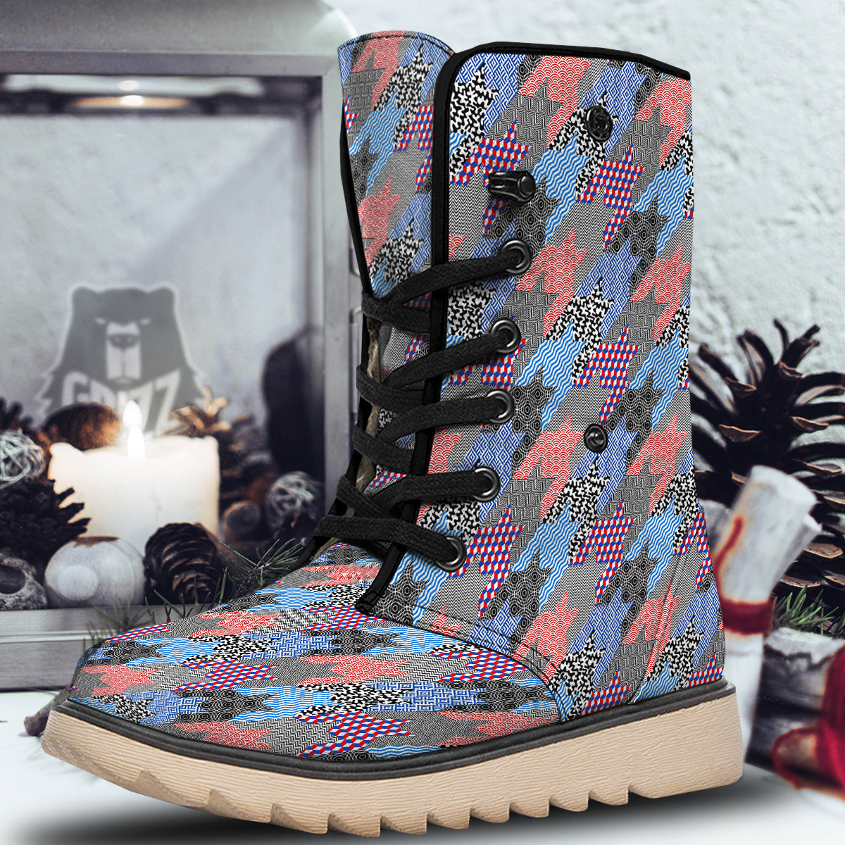 Patchwork Style And Classic Houndstooth Print Pattern Snow Boots-grizzshop