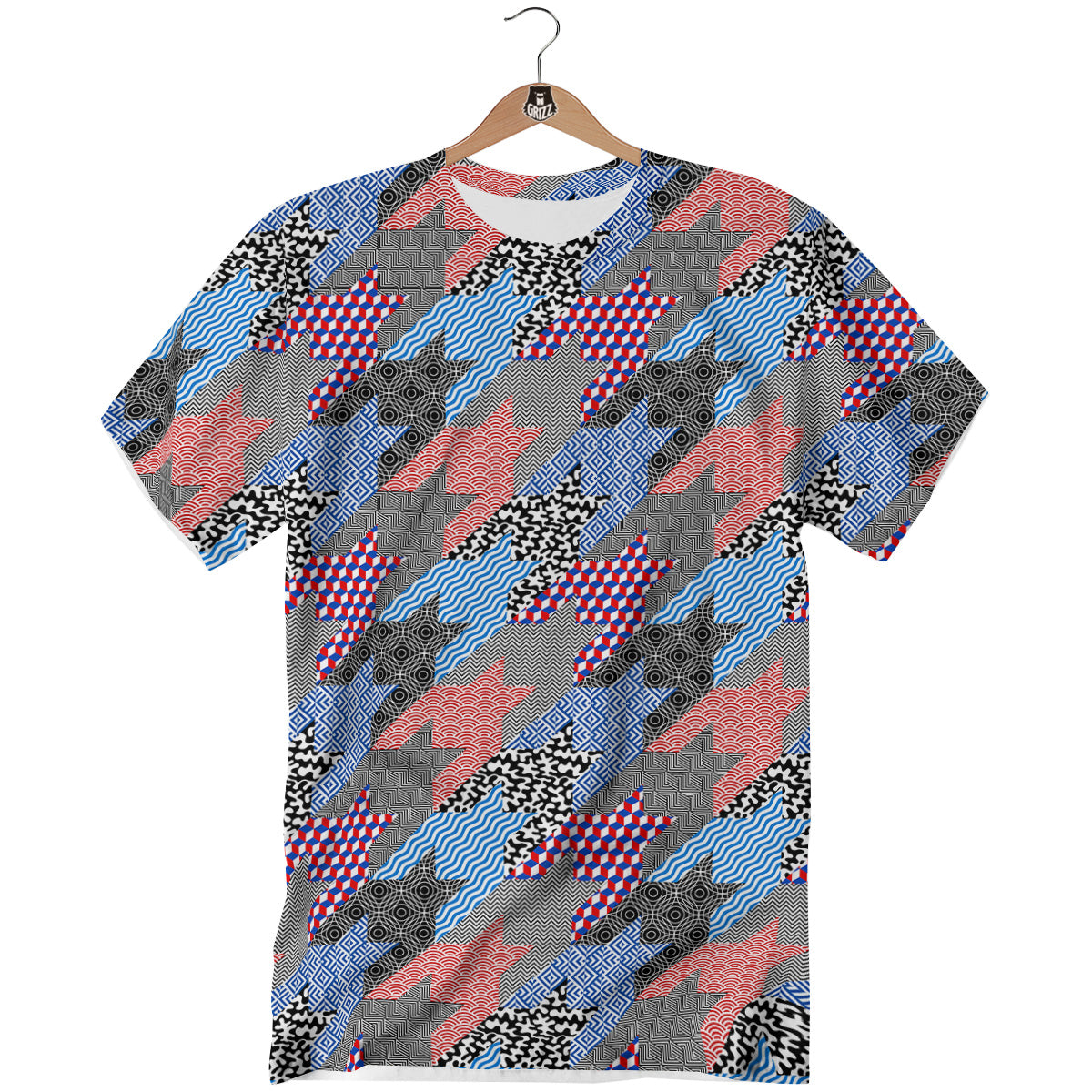 Patchwork Style And Classic Houndstooth Print Pattern T-Shirt-grizzshop