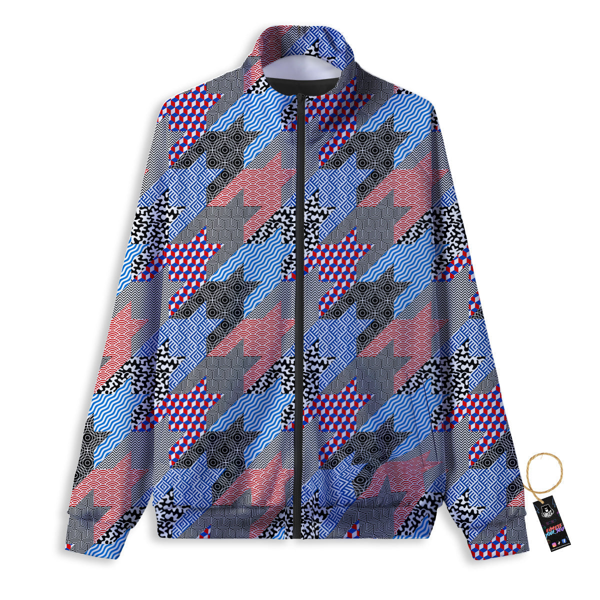 Patchwork Style And Classic Houndstooth Print Pattern Track Jacket-grizzshop