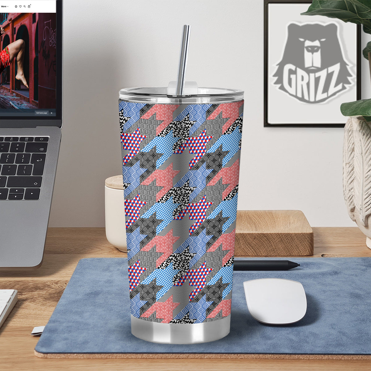 Patchwork Style And Classic Houndstooth Print Pattern Tumbler-grizzshop