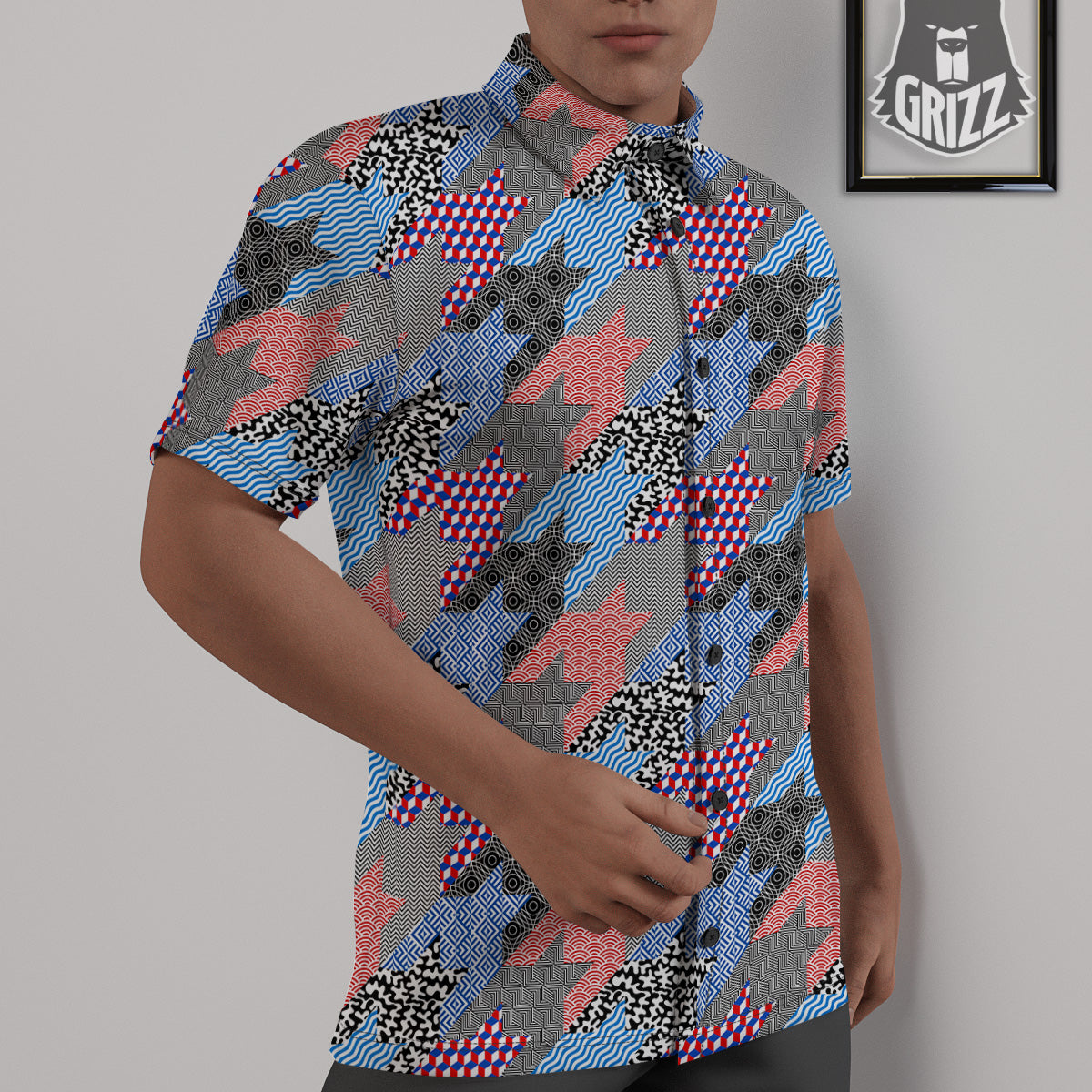 Patchwork Style And Classic Houndstooth Print Pattern Untucked Shirts-grizzshop