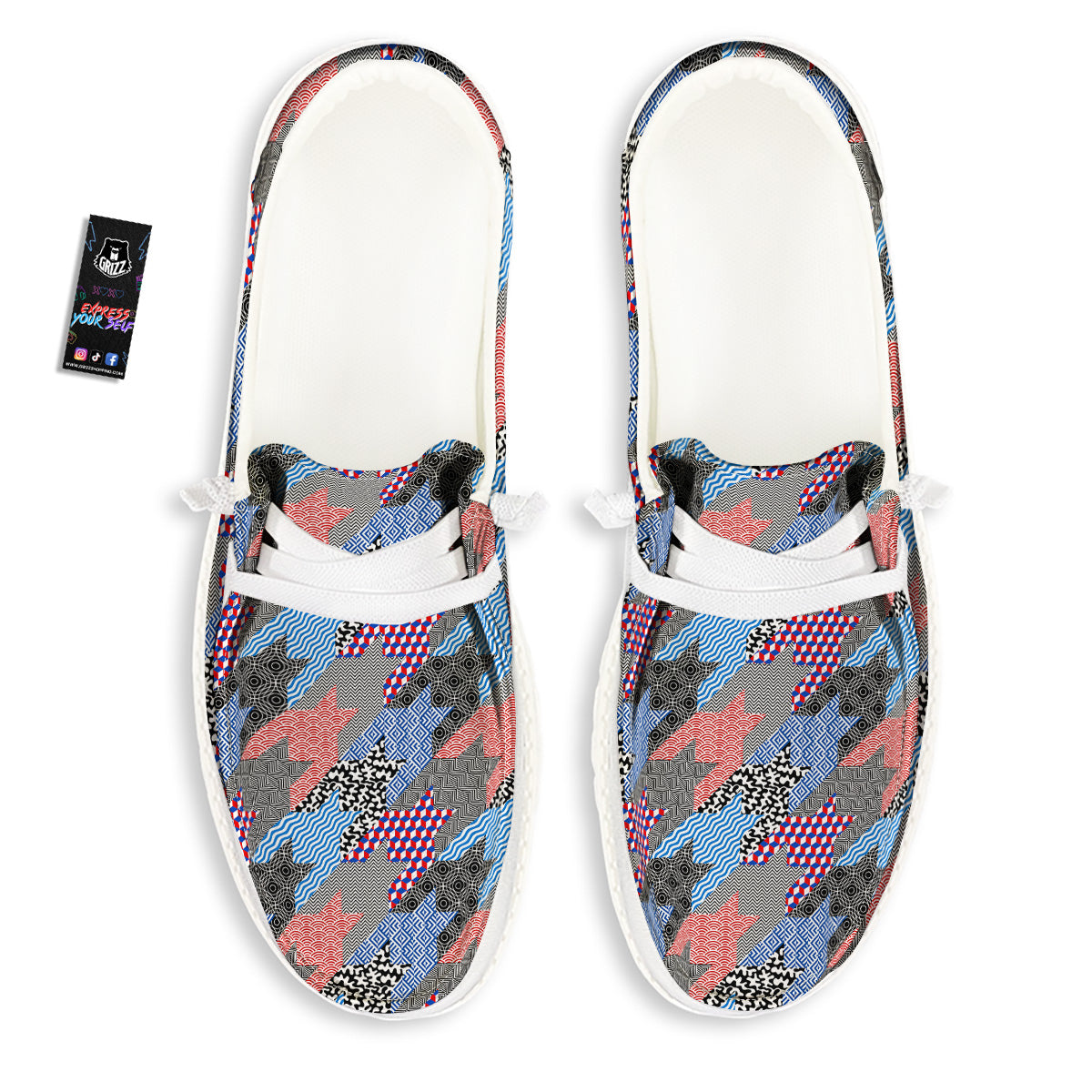 Patchwork Style And Classic Houndstooth Print Pattern White Loafers-grizzshop