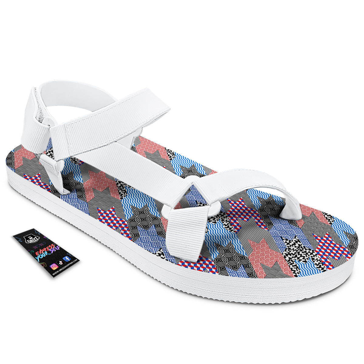 Patchwork Style And Classic Houndstooth Print Pattern White Open Toe Sandals-grizzshop