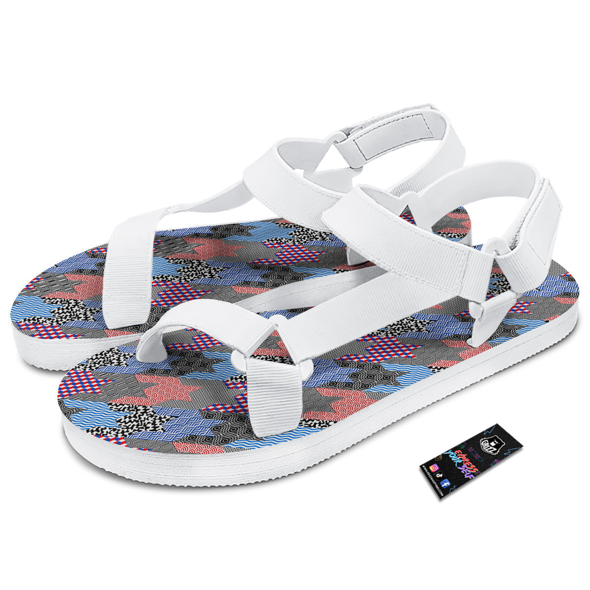 Patchwork Style And Classic Houndstooth Print Pattern White Open Toe Sandals-grizzshop