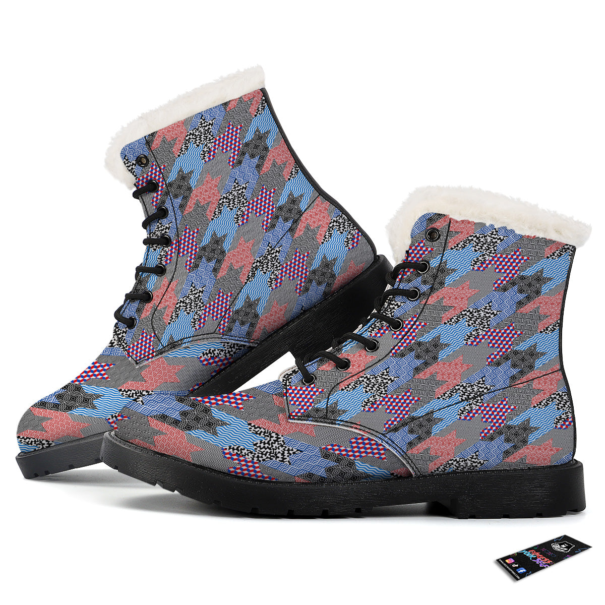 Patchwork Style And Classic Houndstooth Print Pattern Winter Boots-grizzshop