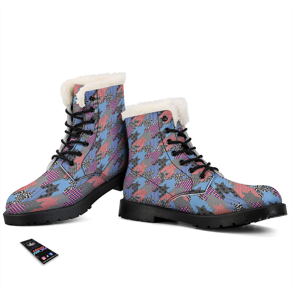 Patchwork Style And Classic Houndstooth Print Pattern Winter Boots-grizzshop