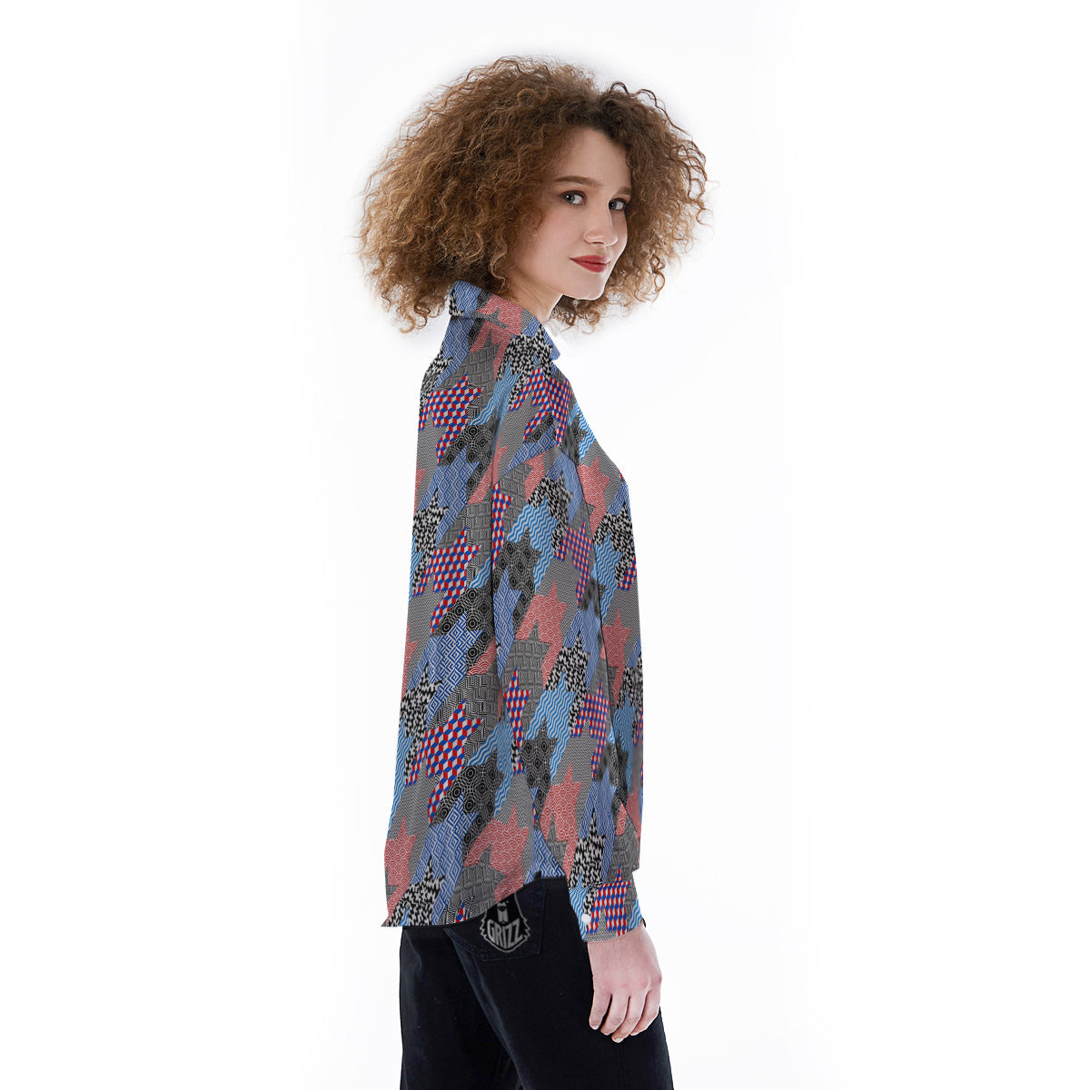 Patchwork Style And Classic Houndstooth Print Pattern Women's Long Sleeve Shirts-grizzshop