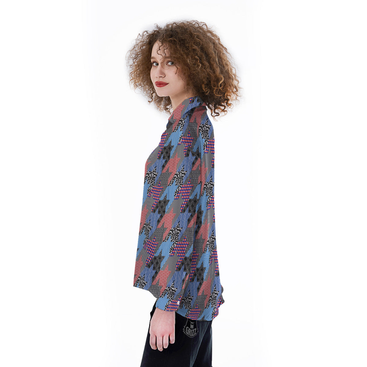 Patchwork Style And Classic Houndstooth Print Pattern Women's Long Sleeve Shirts-grizzshop