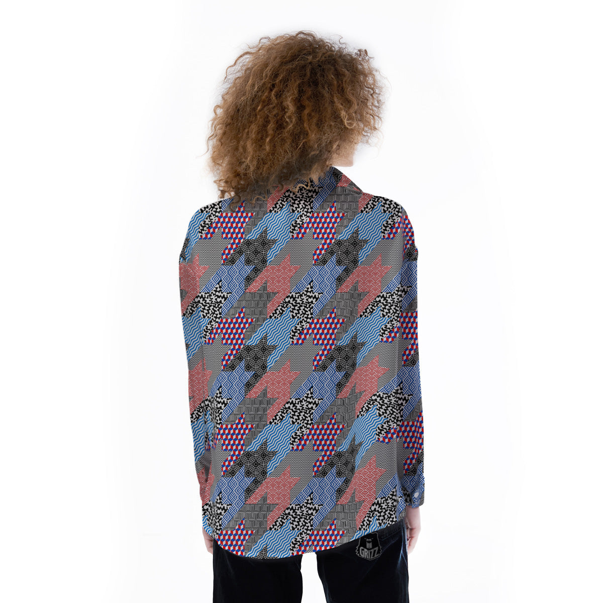Patchwork Style And Classic Houndstooth Print Pattern Women's Long Sleeve Shirts-grizzshop