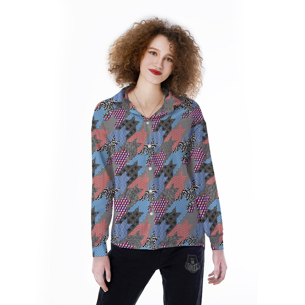 Patchwork Style And Classic Houndstooth Print Pattern Women's Long Sleeve Shirts-grizzshop