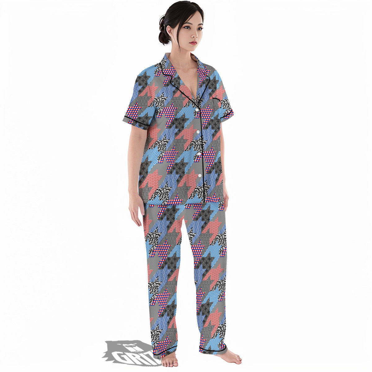 Patchwork Style And Classic Houndstooth Print Pattern Women's Pajamas Set-grizzshop