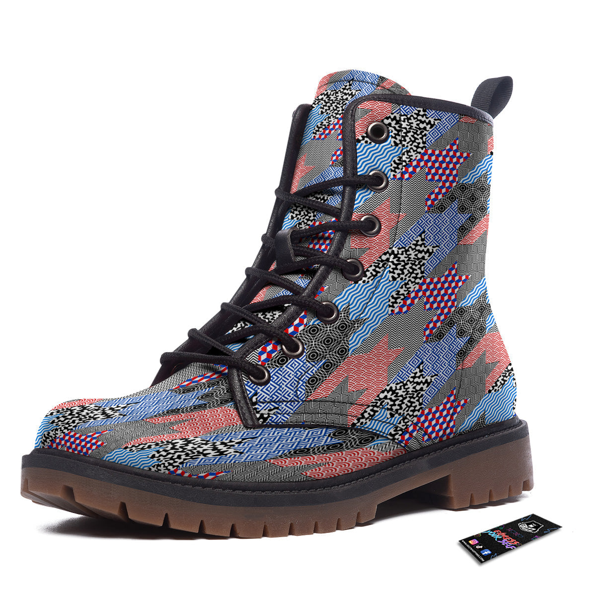 Patchwork Style And Classic Houndstooth Print Pattern Work Boots-grizzshop