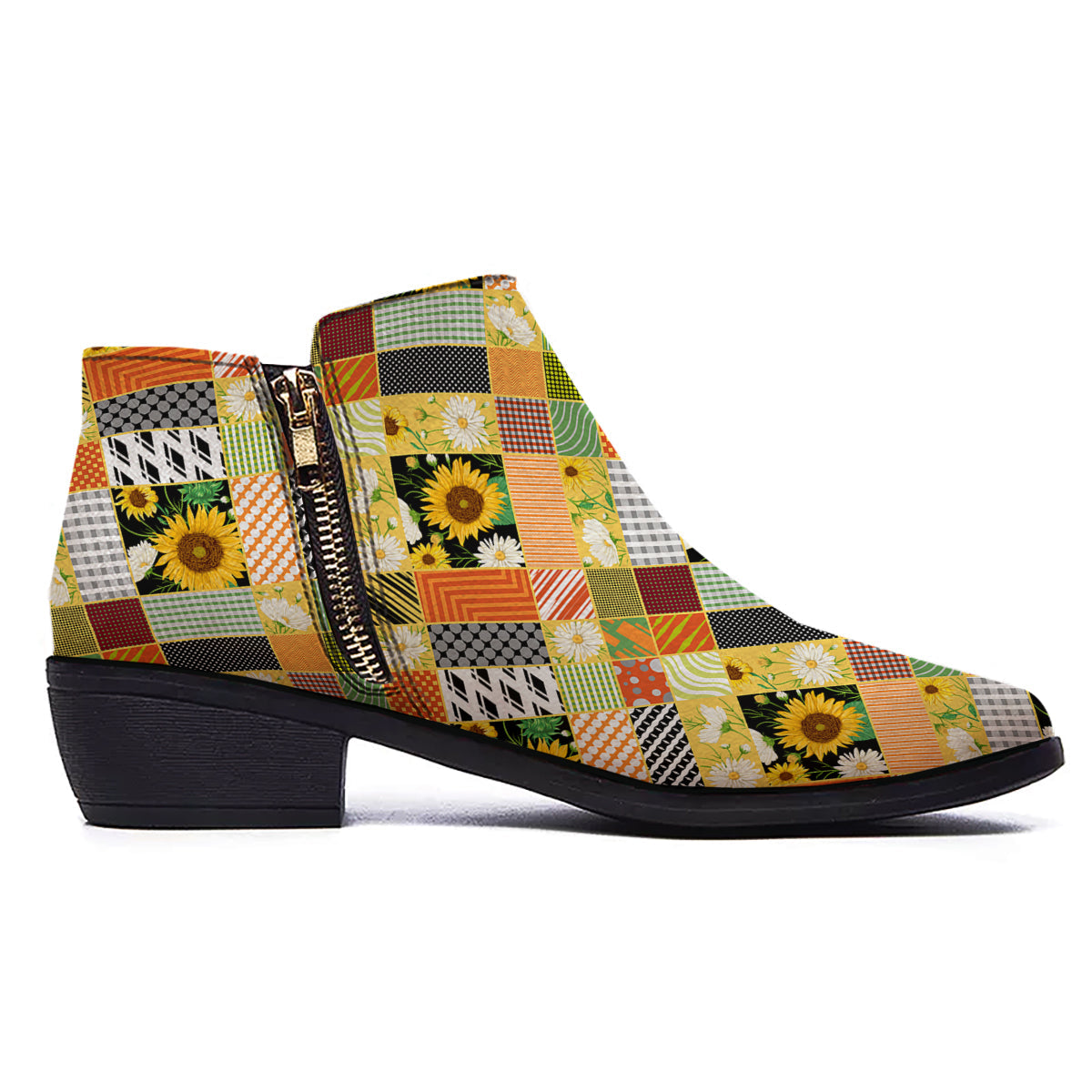 Patchwork Sunflowers Print Ankle Boots-grizzshop