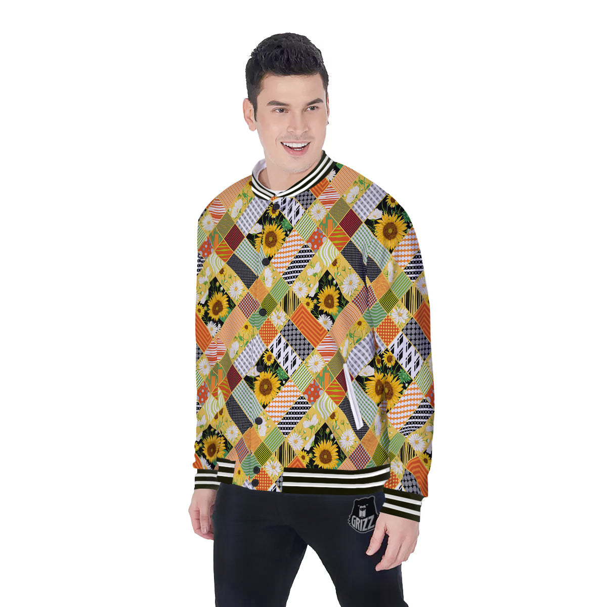 Patchwork Sunflowers Print Baseball Jacket-grizzshop