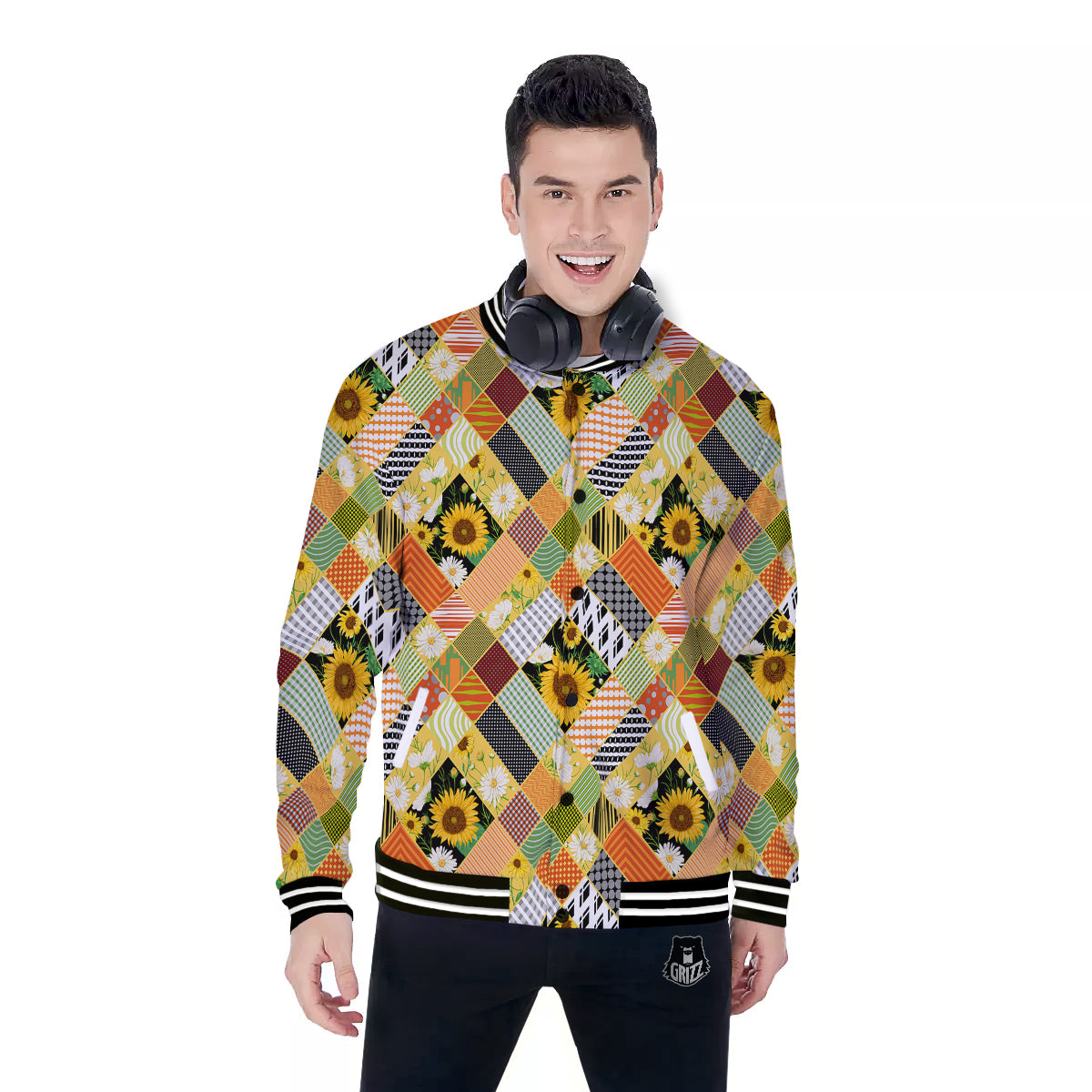 Patchwork Sunflowers Print Baseball Jacket-grizzshop