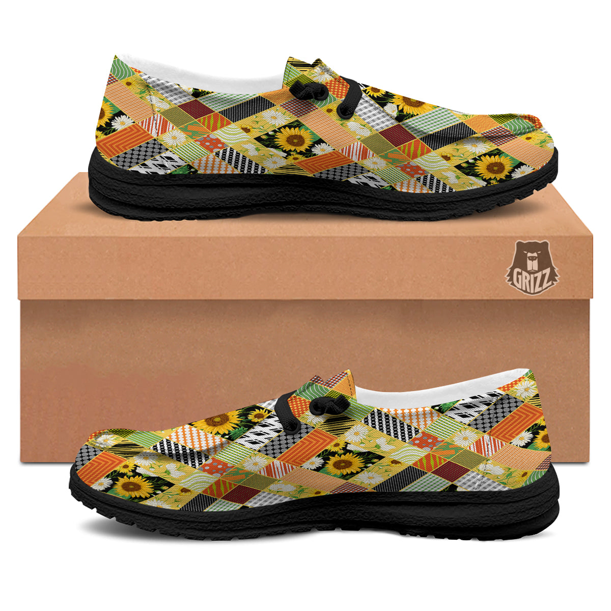 Patchwork Sunflowers Print Black Loafers-grizzshop