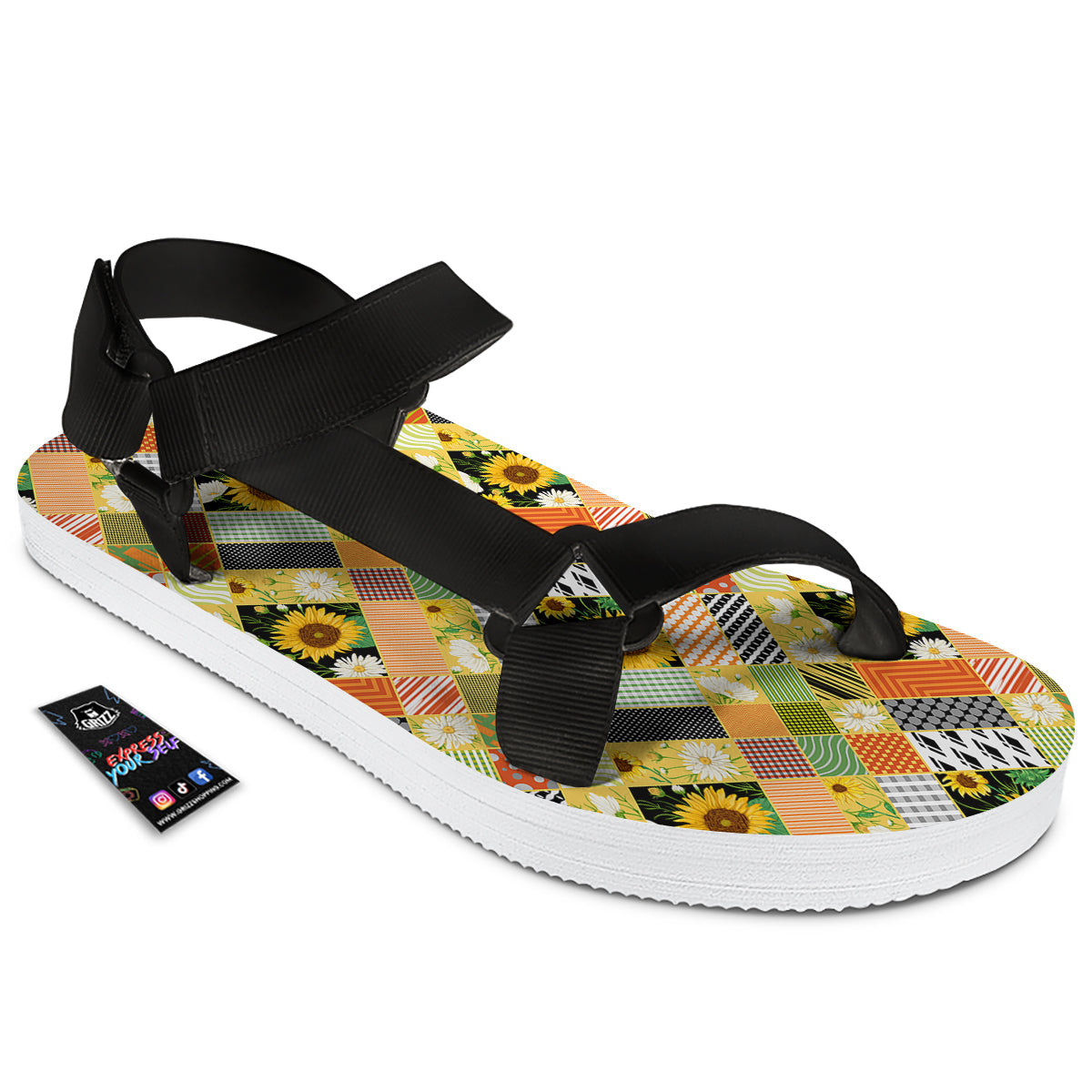 Patchwork Sunflowers Print Black Open Toe Sandals-grizzshop