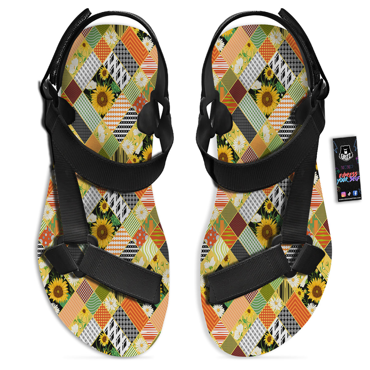 Patchwork Sunflowers Print Black Open Toe Sandals-grizzshop