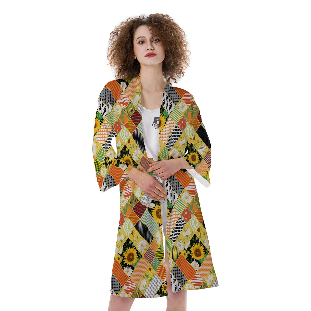 Patchwork Sunflowers Print Kimono-grizzshop