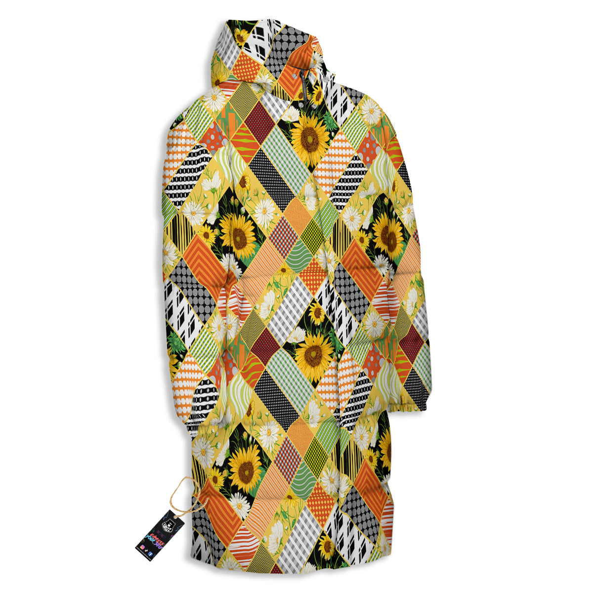 Patchwork Sunflowers Print Long Down Jacket-grizzshop