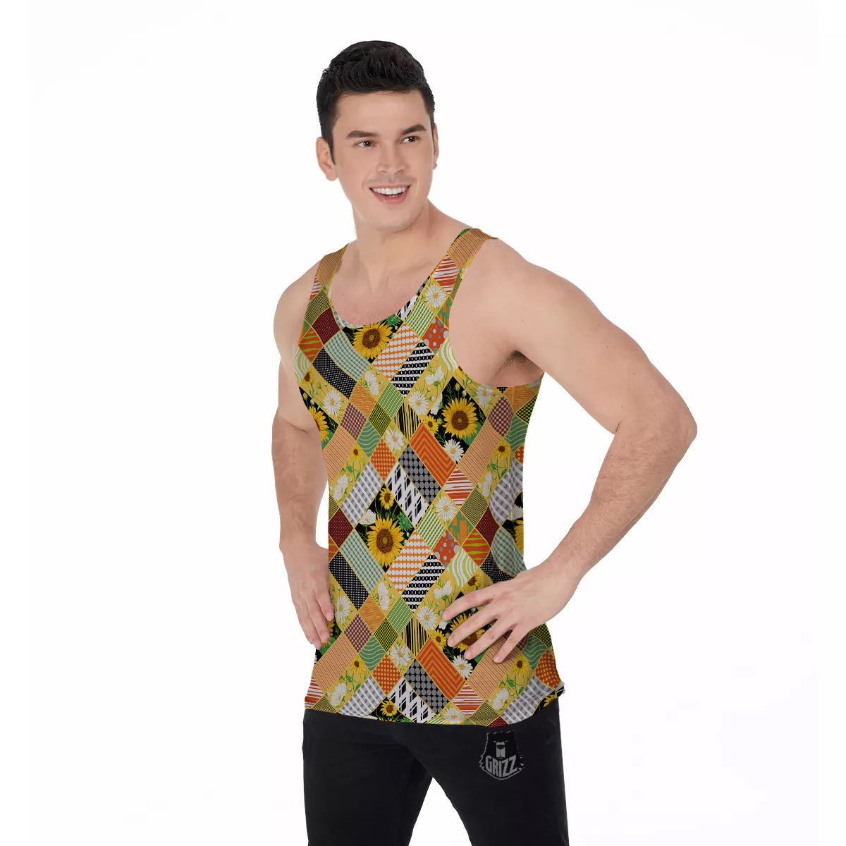 Patchwork Sunflowers Print Men's Tank Top-grizzshop