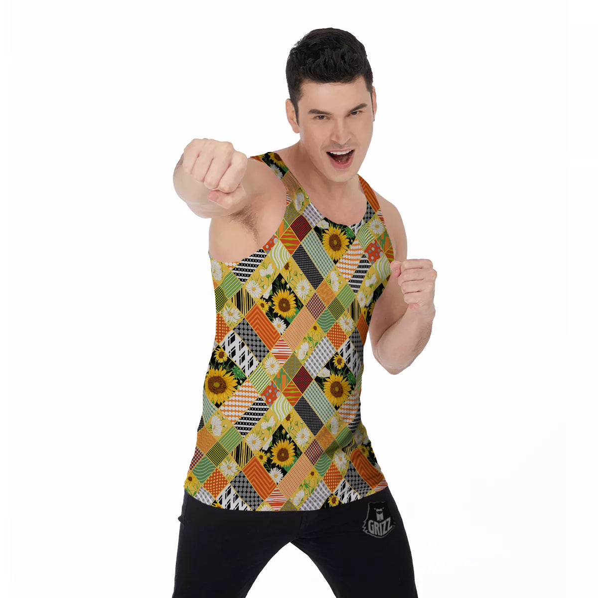 Patchwork Sunflowers Print Men's Tank Top-grizzshop