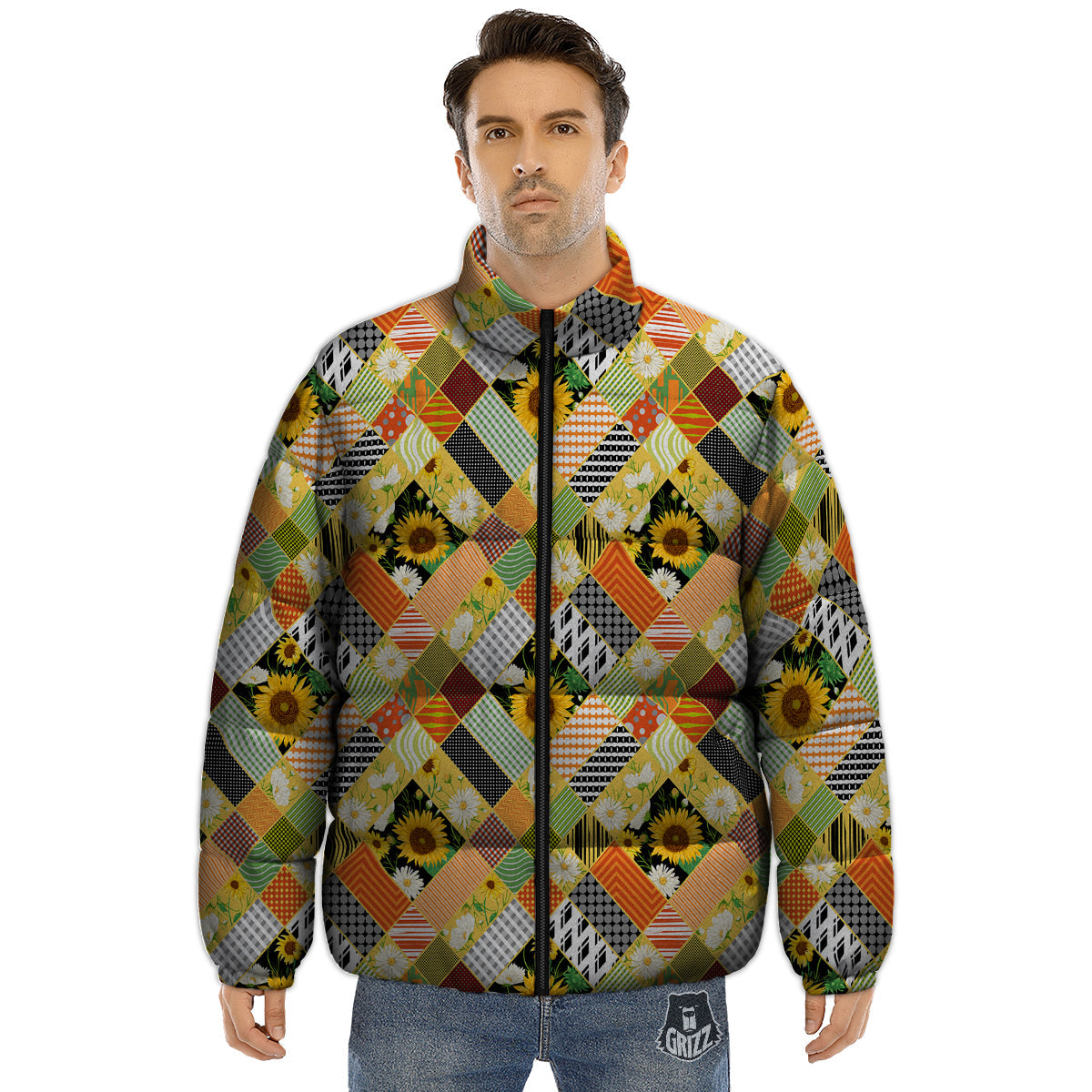 Patchwork Sunflowers Print Puffer Jacket-grizzshop