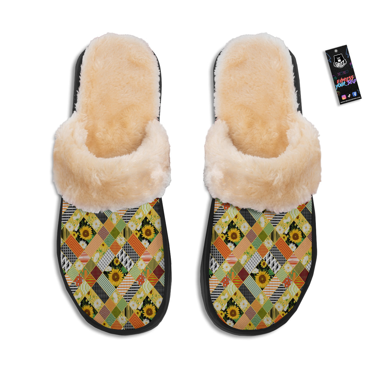 Patchwork Sunflowers Print Slippers-grizzshop