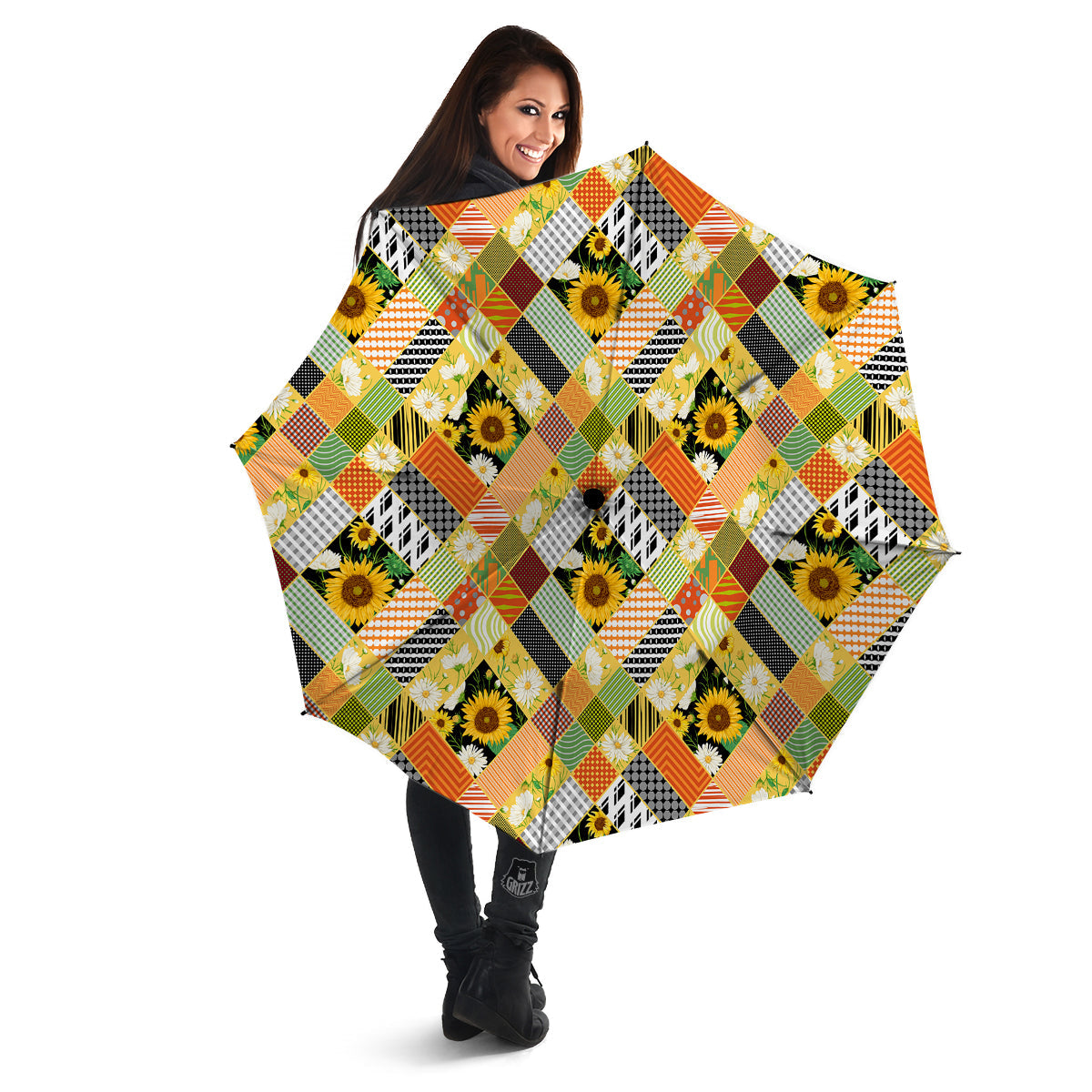 Patchwork Sunflowers Print Umbrella-grizzshop