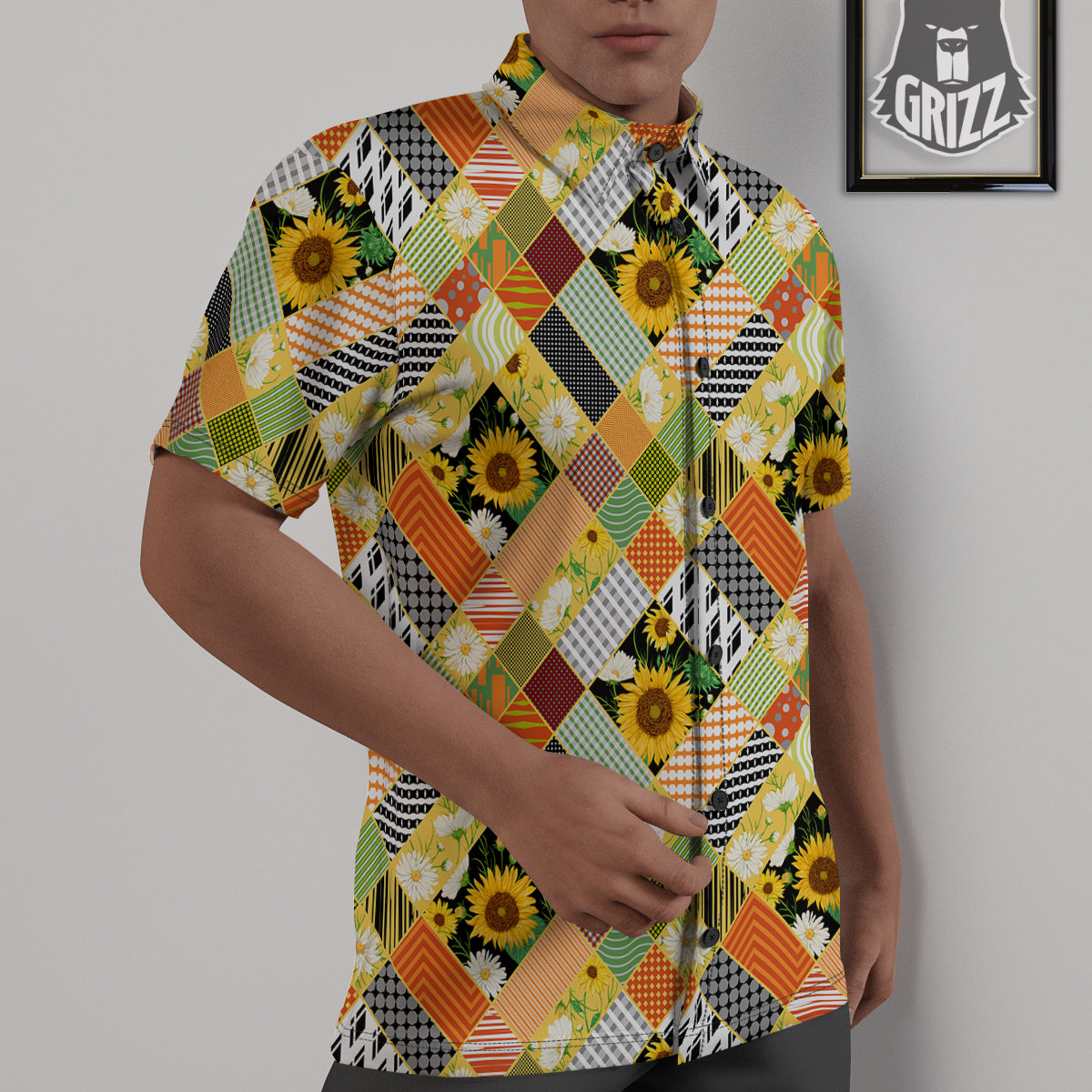 Patchwork Sunflowers Print Untucked Shirts-grizzshop