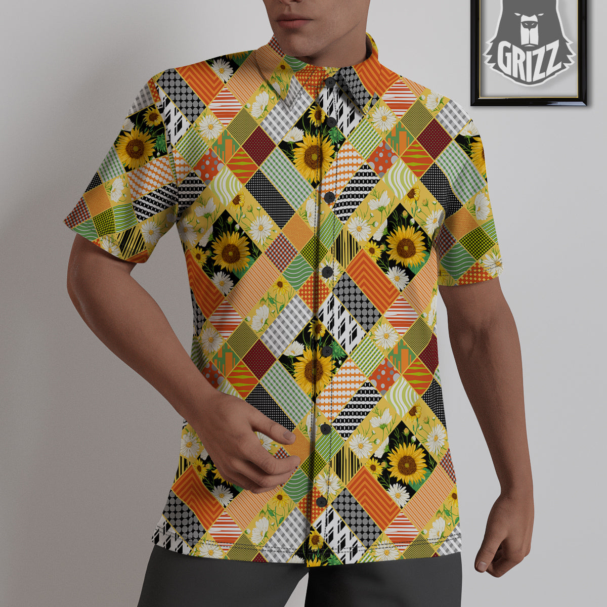 Patchwork Sunflowers Print Untucked Shirts-grizzshop