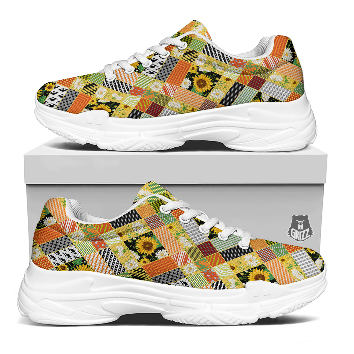 Patchwork Sunflowers Print White Chunky Shoes-grizzshop