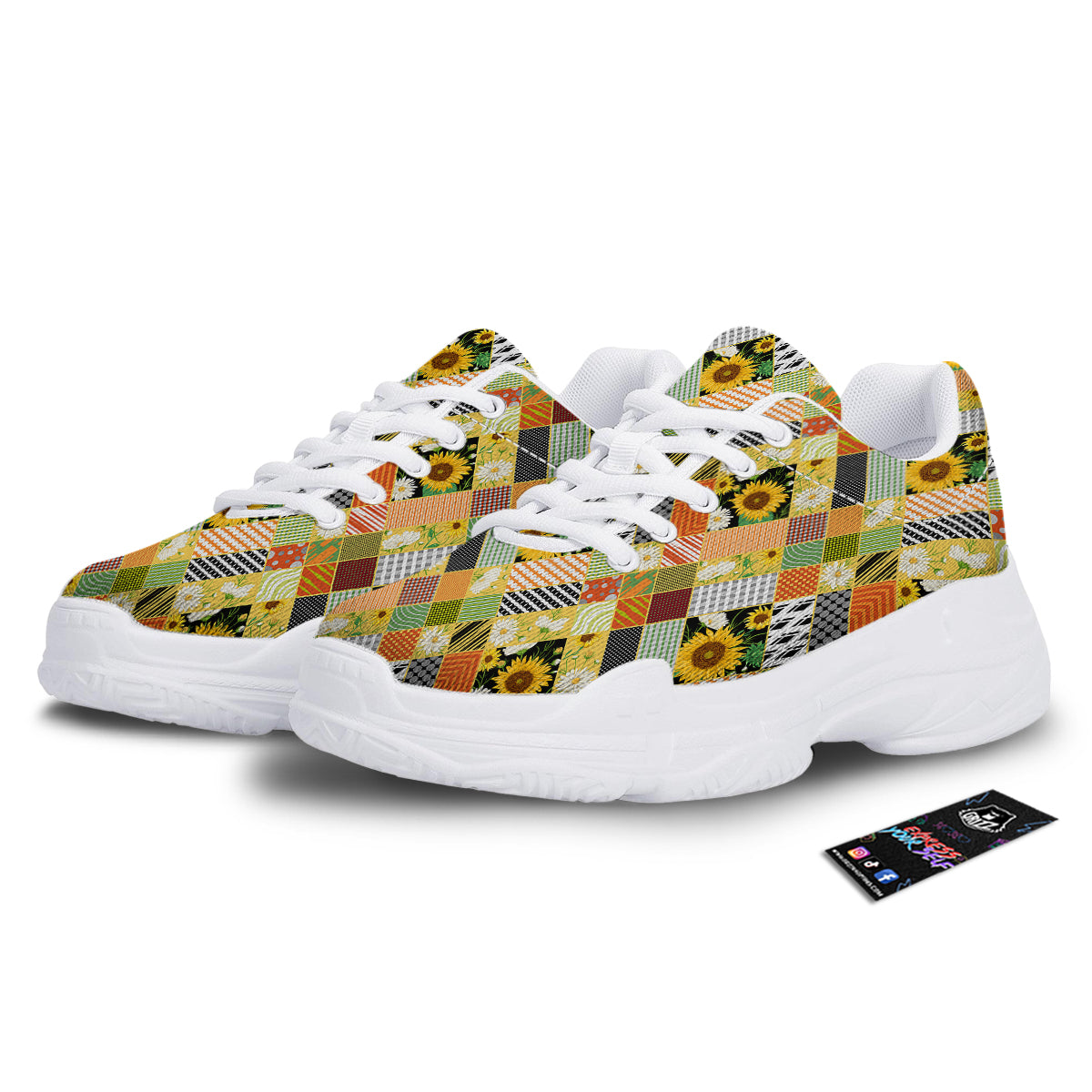 Patchwork Sunflowers Print White Chunky Shoes-grizzshop