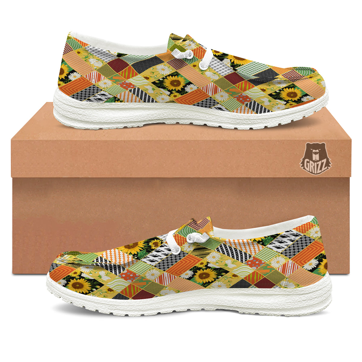 Patchwork Sunflowers Print White Loafers-grizzshop