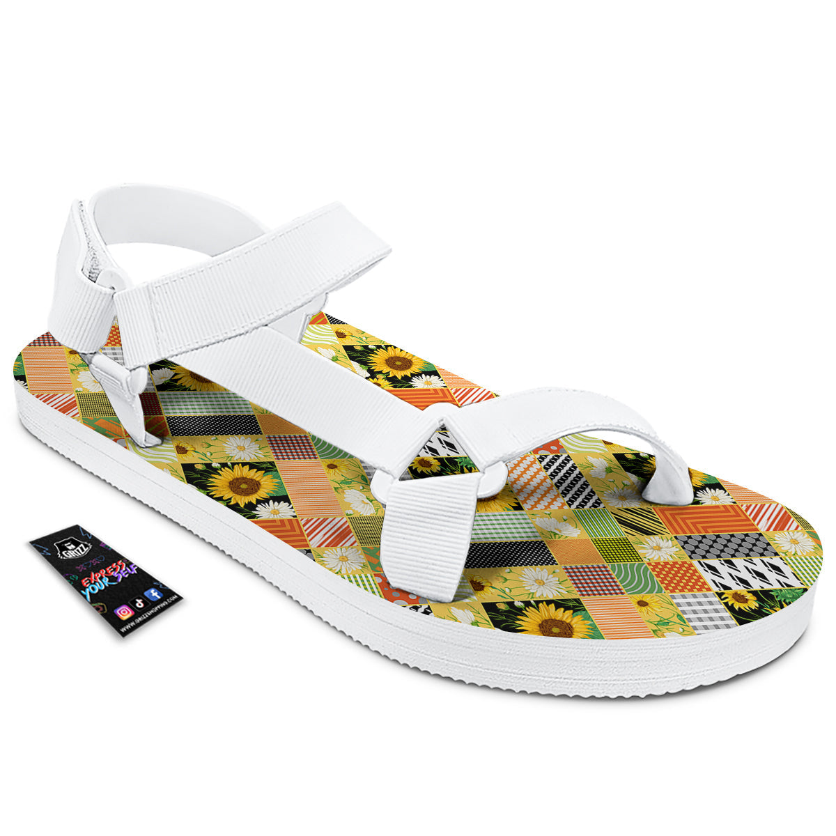 Patchwork Sunflowers Print White Open Toe Sandals-grizzshop
