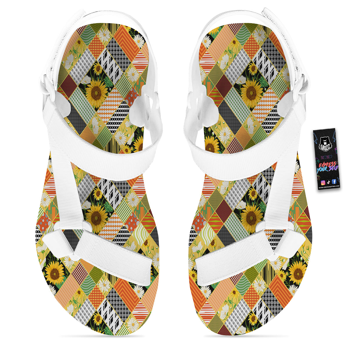 Patchwork Sunflowers Print White Open Toe Sandals-grizzshop