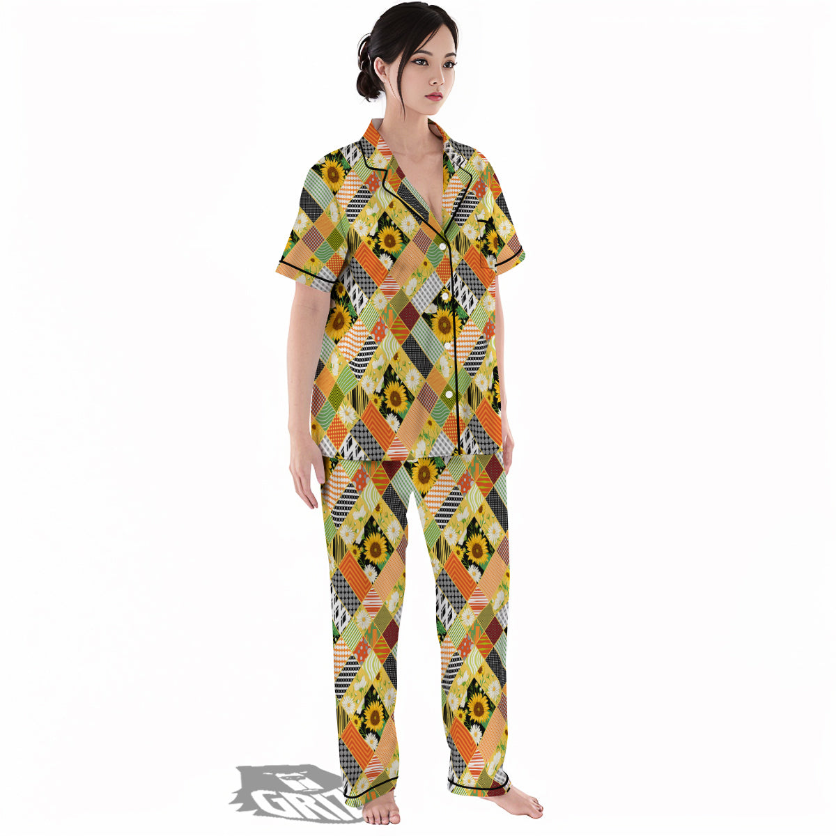 Patchwork Sunflowers Print Women's Pajamas Set-grizzshop
