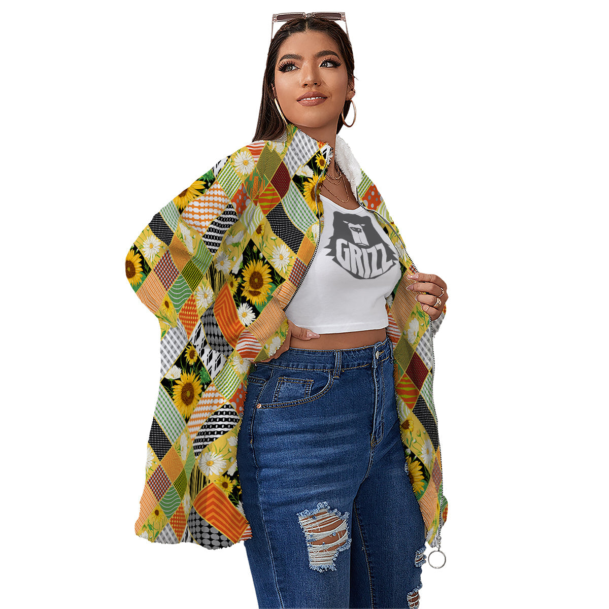 Patchwork Sunflowers Print Women's Sherpa Jacket-grizzshop