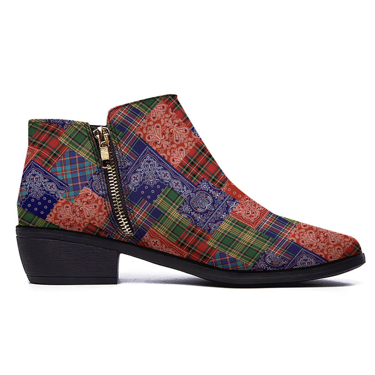 Patchwork Tartan And Bandana Print Pattern Ankle Boots-grizzshop