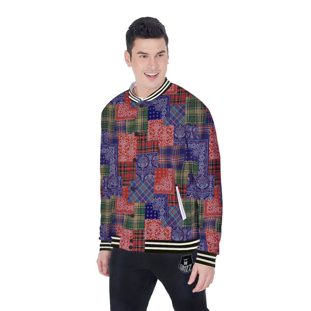 Patchwork Tartan And Bandana Print Pattern Baseball Jacket-grizzshop