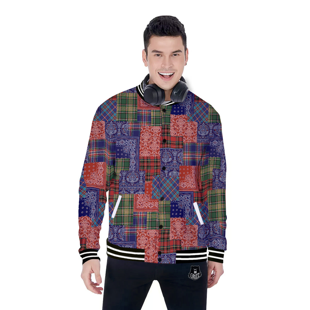 Patchwork Tartan And Bandana Print Pattern Baseball Jacket-grizzshop