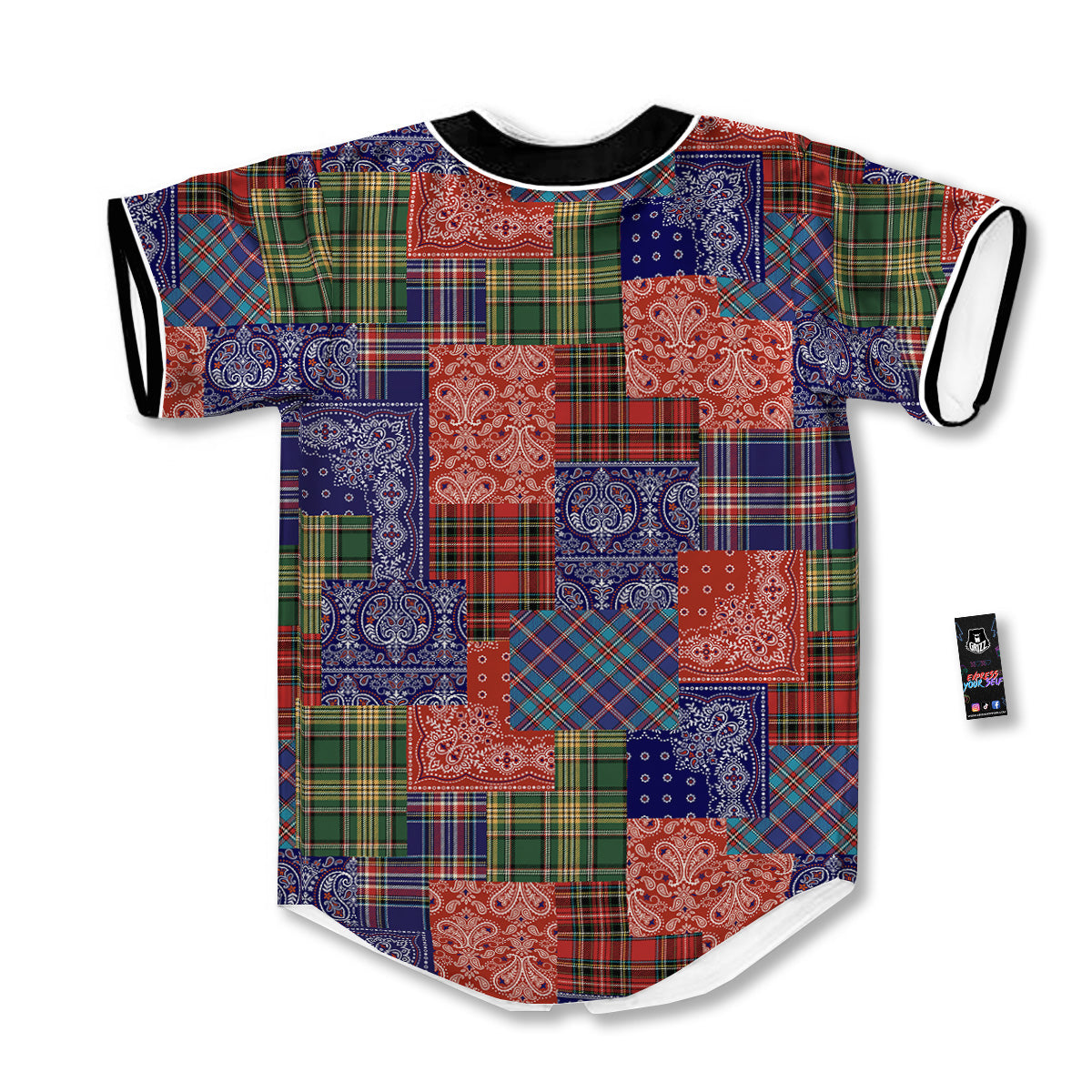 Patchwork Tartan And Bandana Print Pattern Baseball Jersey-grizzshop