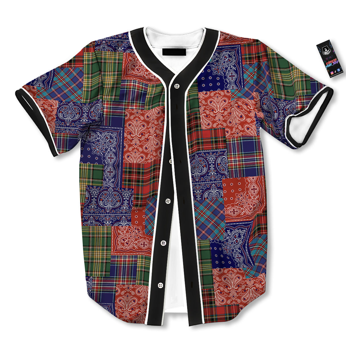 Patchwork Tartan And Bandana Print Pattern Baseball Jersey-grizzshop