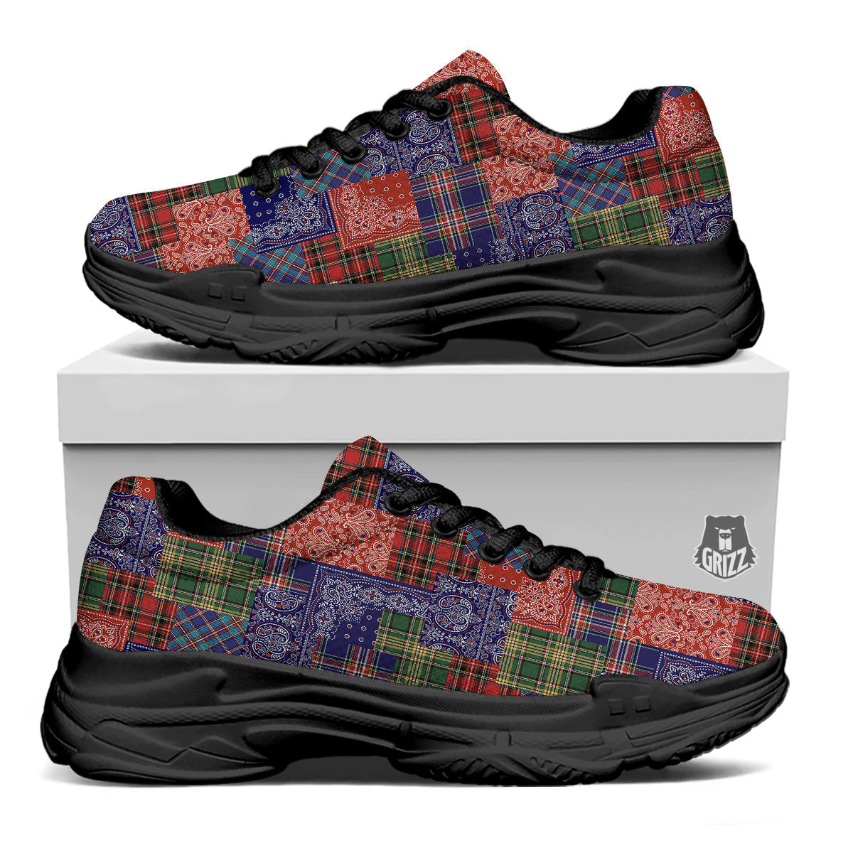 Patchwork Tartan And Bandana Print Pattern Black Chunky Shoes-grizzshop